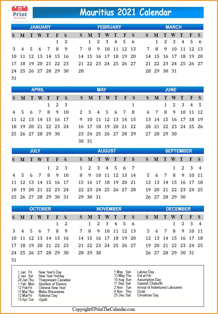 Mauritius Calendar 2021